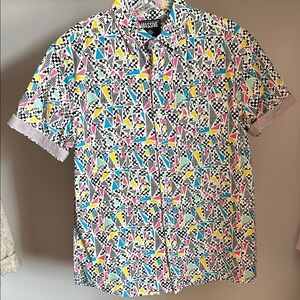 Massive Men's Vibrant Geometric Short Sleeve Shirt yellow pink blue black